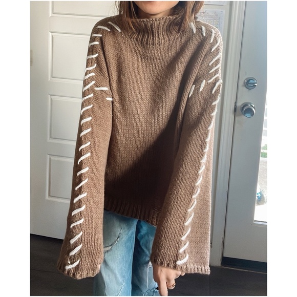 Cozy Mocha Brown Stitched Detail Turtleneck Sweater Top - Picture 10 of 13